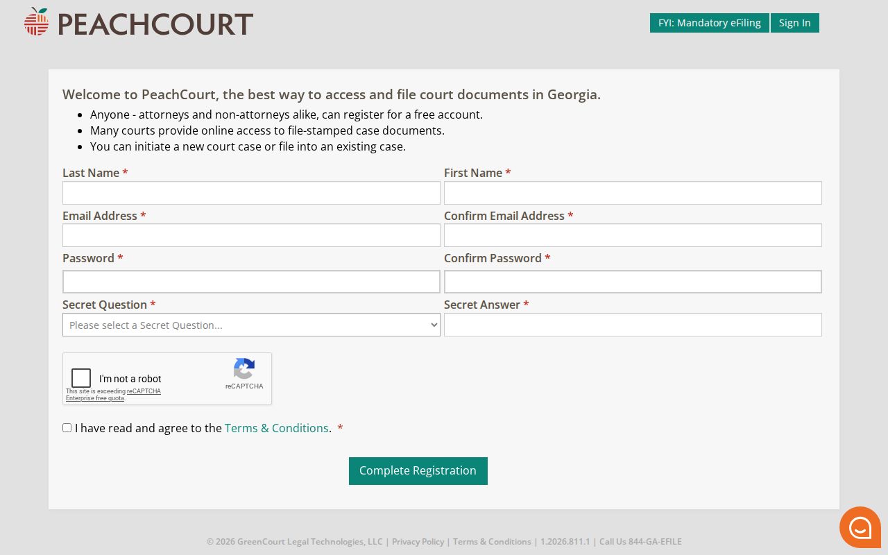 PeachCourt registration for Fayette County court document access