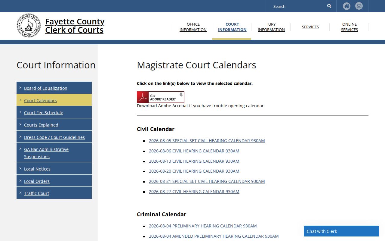 Fayette County court dates Magistrate calendar page