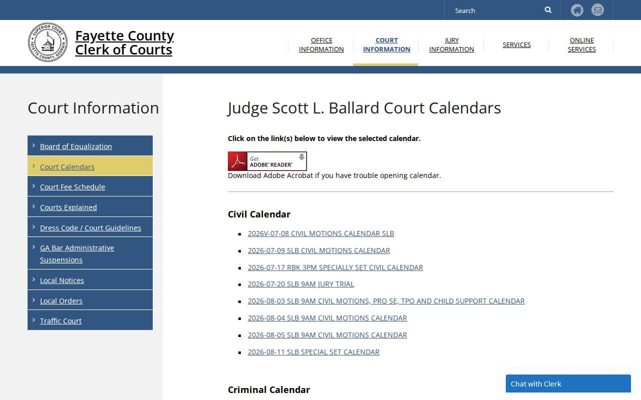 Fayette County court dates Ballard calendar links