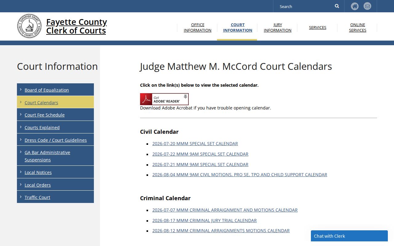 Fayette County court dates McCord calendar links