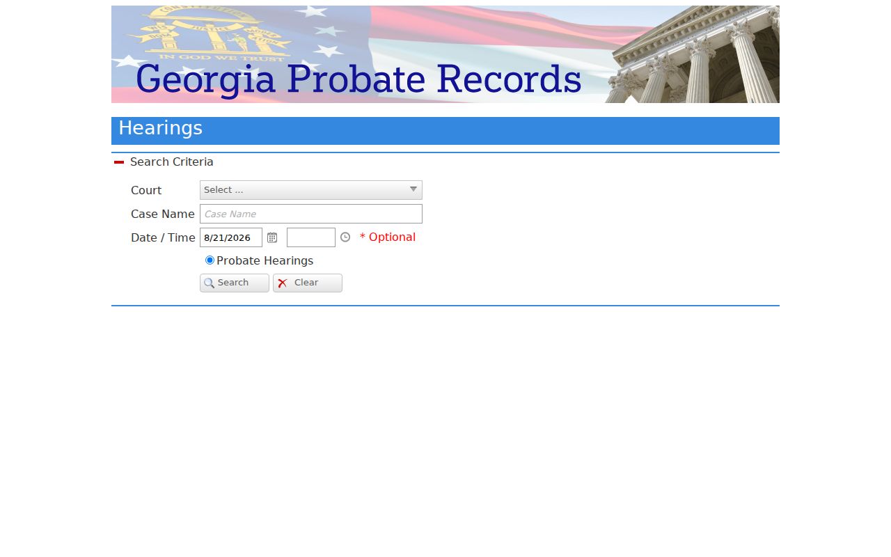 Fayette County court dates Probate hearing search fields