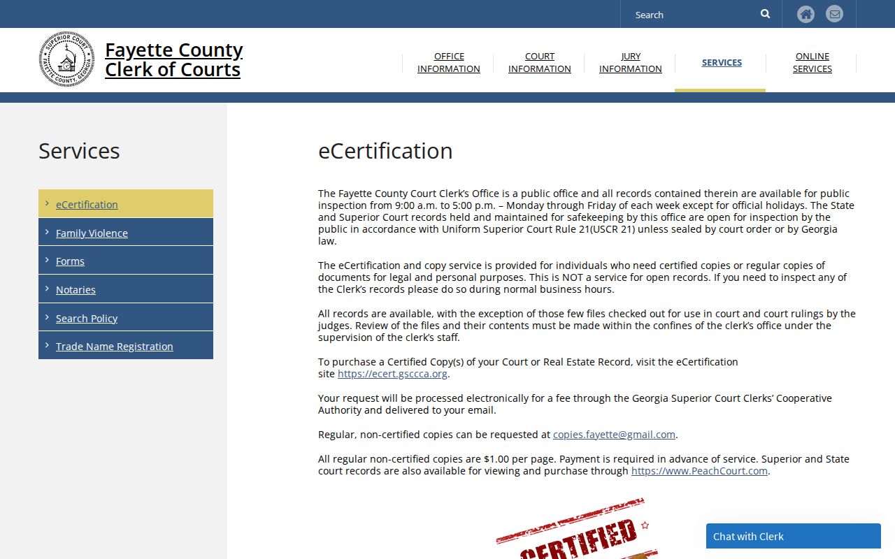 Fayette County Clerk eCertification and ordinary copy instructions