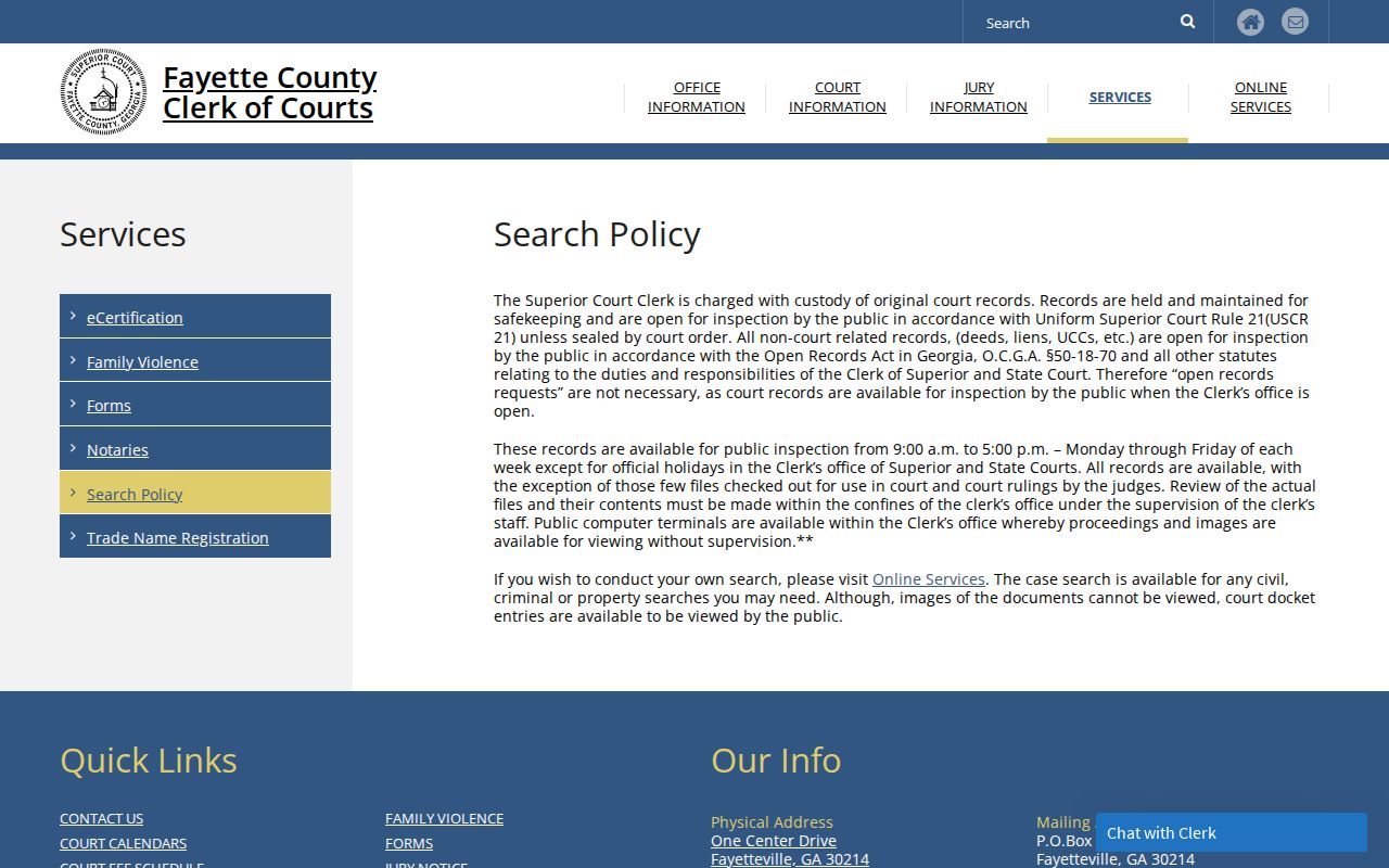 Fayette County Clerk public terminal and court record search policy