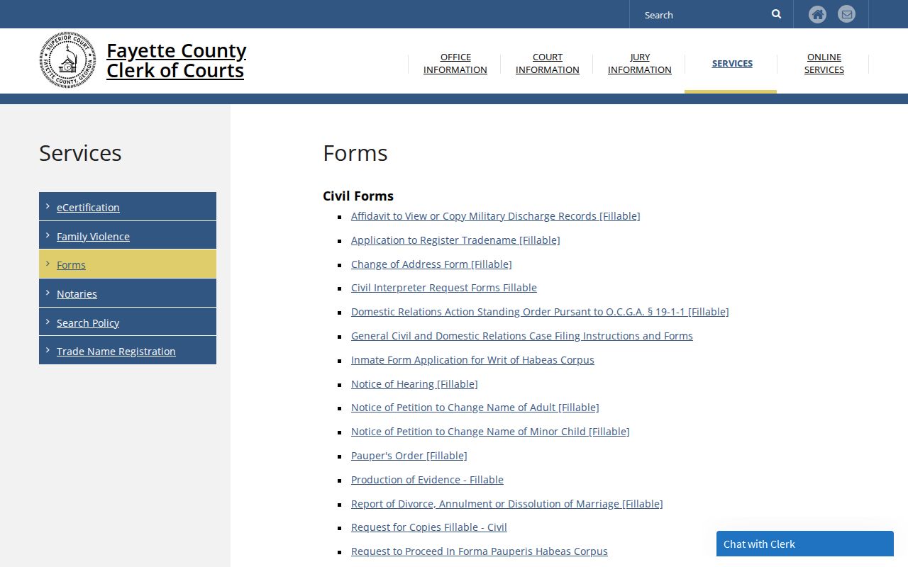 Fayette County court record forms for civil criminal Magistrate and domestic cases