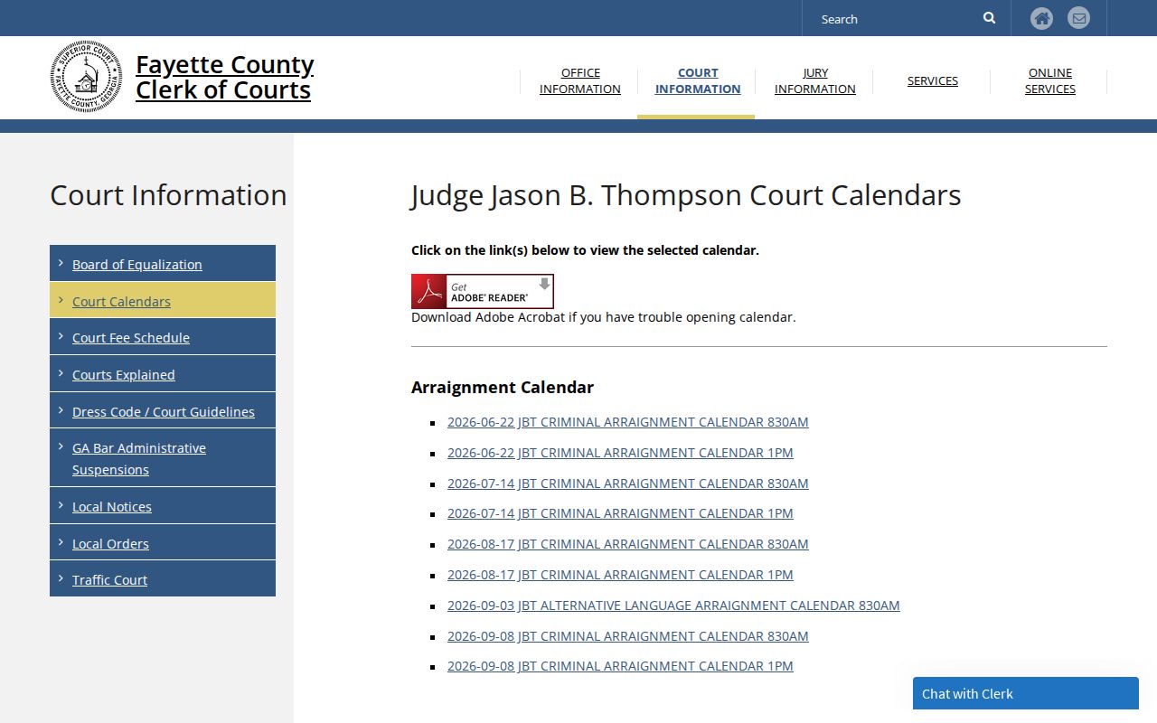Fayette County criminal docket arraignment calendar page