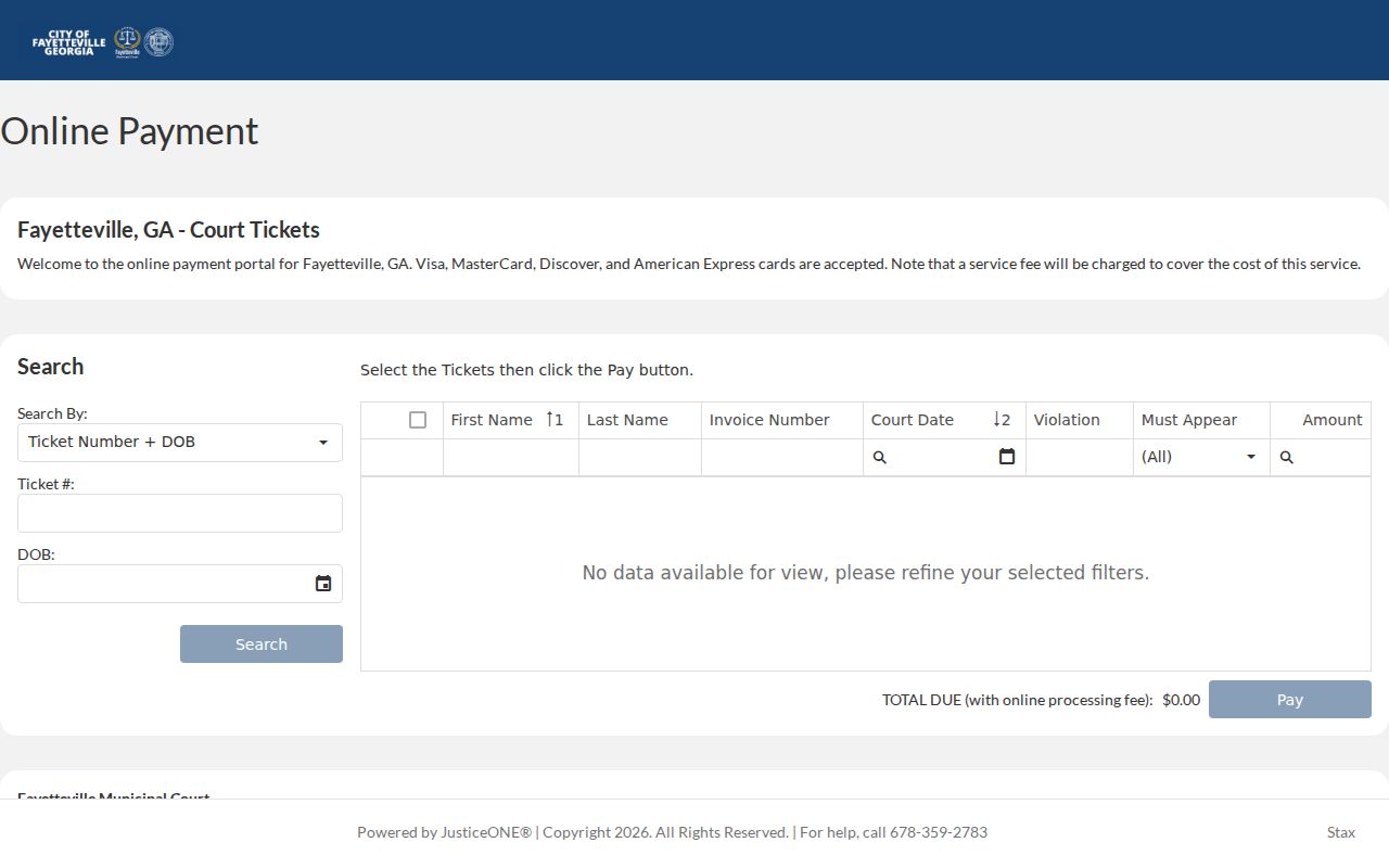 Fayetteville court docket JusticeONE ticket search portal